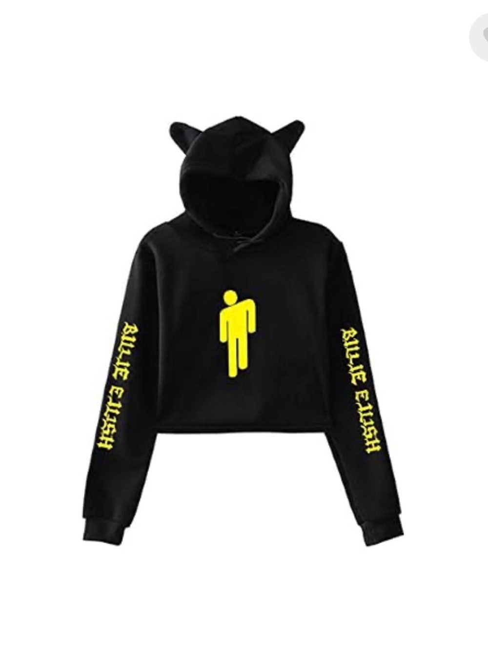 BillieEllish Black Cropped Hoodie with Yellow Graphic and Ear Hood